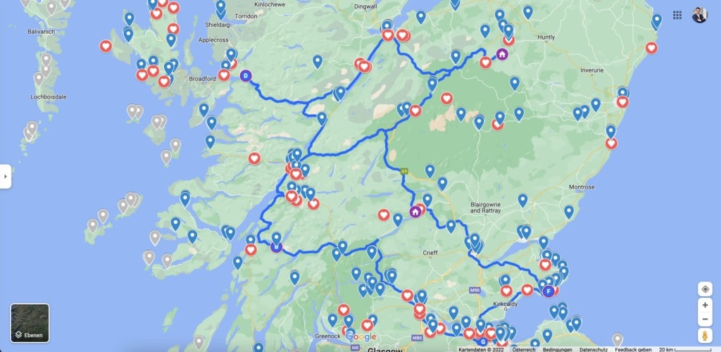 Schottland Reiseroute im Detail geplant mit wichtigen Sehenswürdigkeiten