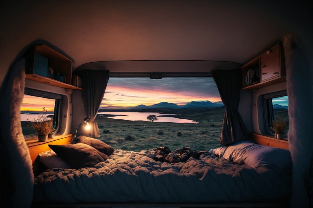 Schottland Roadtrip mit dem Wohnmobil: Ausblick aus dem Wohnmobil auf ein Loch in Schottland im Sonnenuntergang